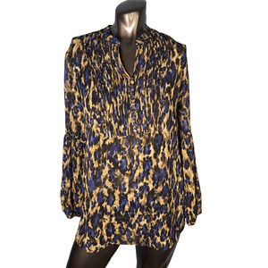 Chico's Blouse Womens Brown Blue Leopard Print Long Sleeve Chiffon Top Small (0)